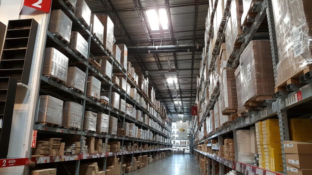 neatly stacked liquidation warehouse
